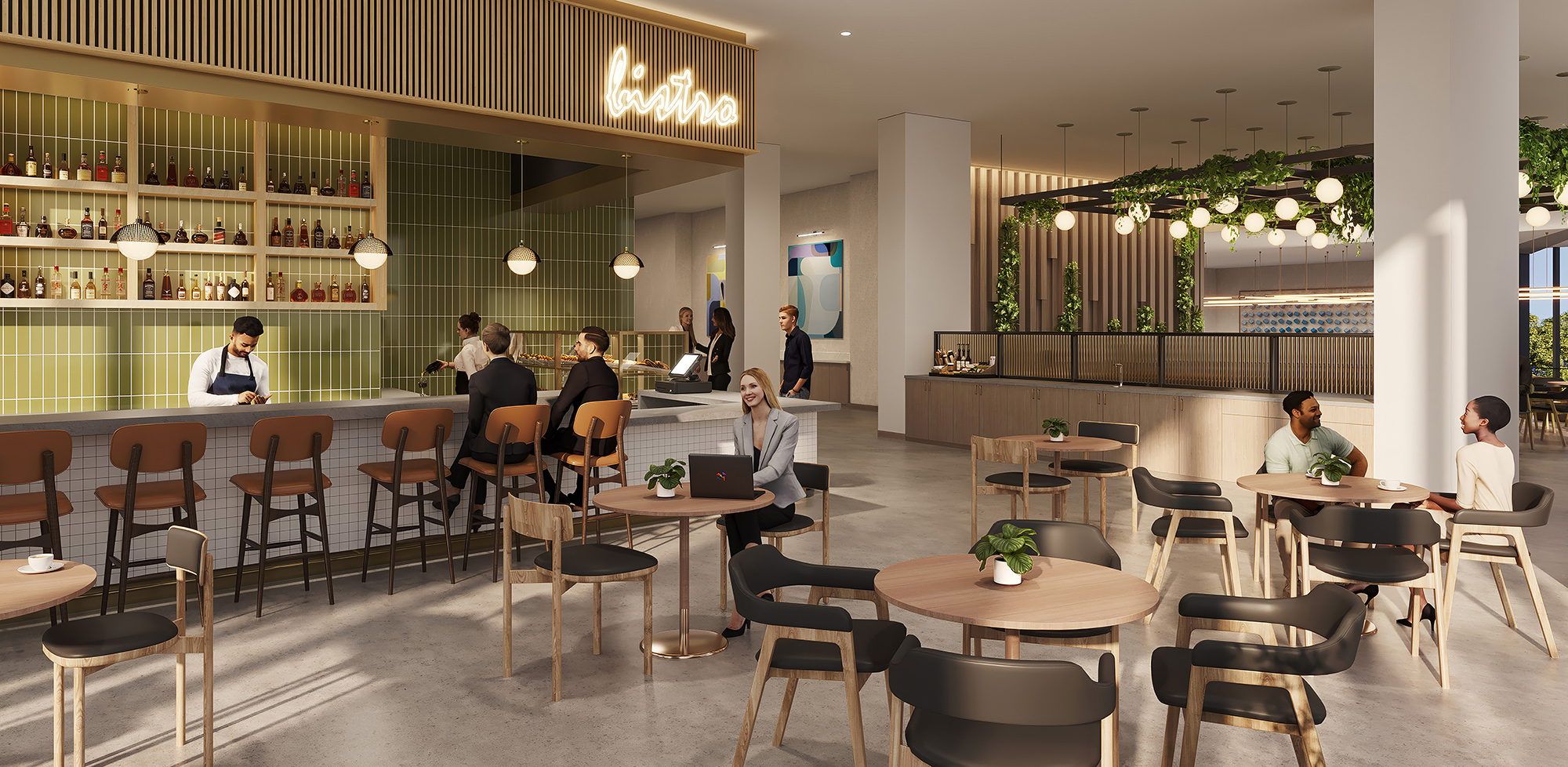 Tenants enjoy the bistro at the Landing Burlingame