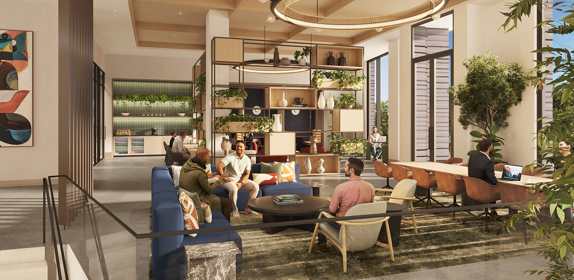 Tenants sit around a modern indoor firepit in the amenity lounge at The Landing Burlingame