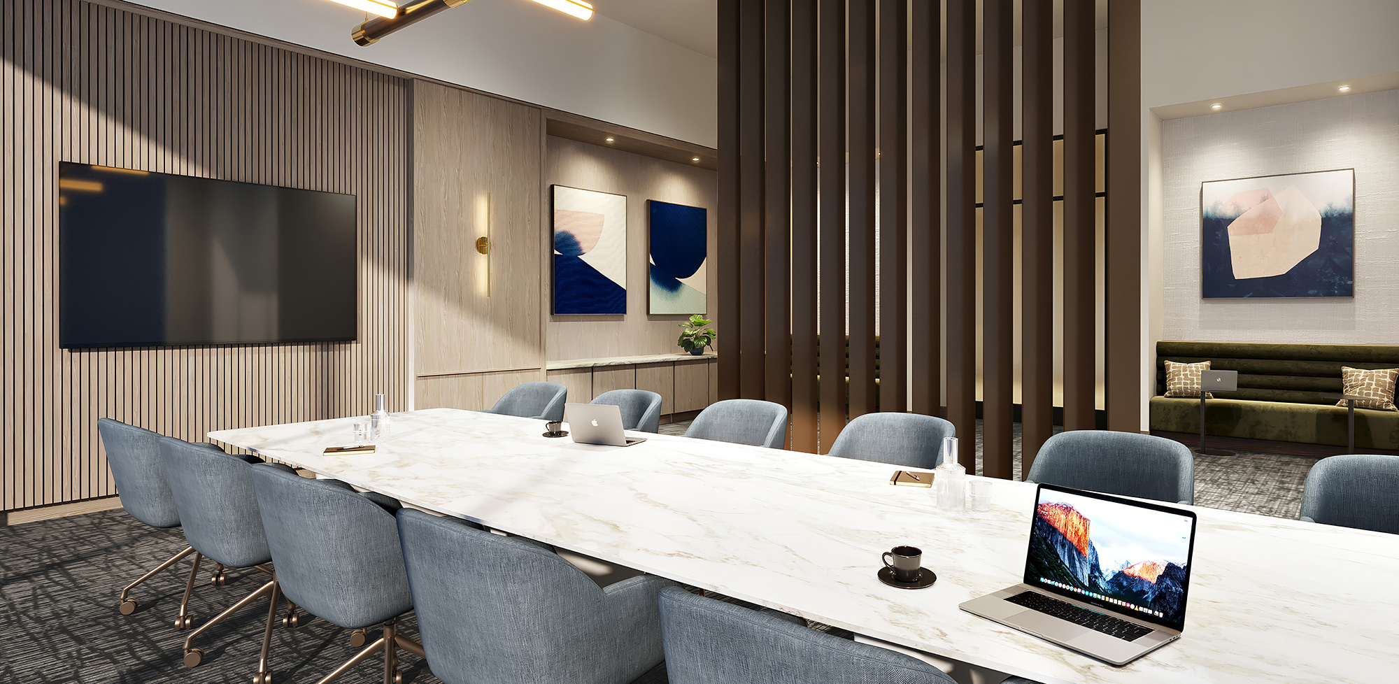 Long conference table and screen in luxury area at The Landing Burlingame