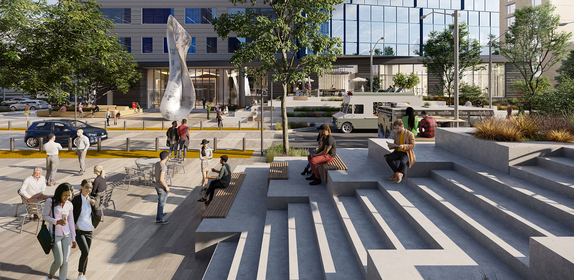 3d rendering of campus tenants enjoying outdoor staircase seating at The Landing Burlingame