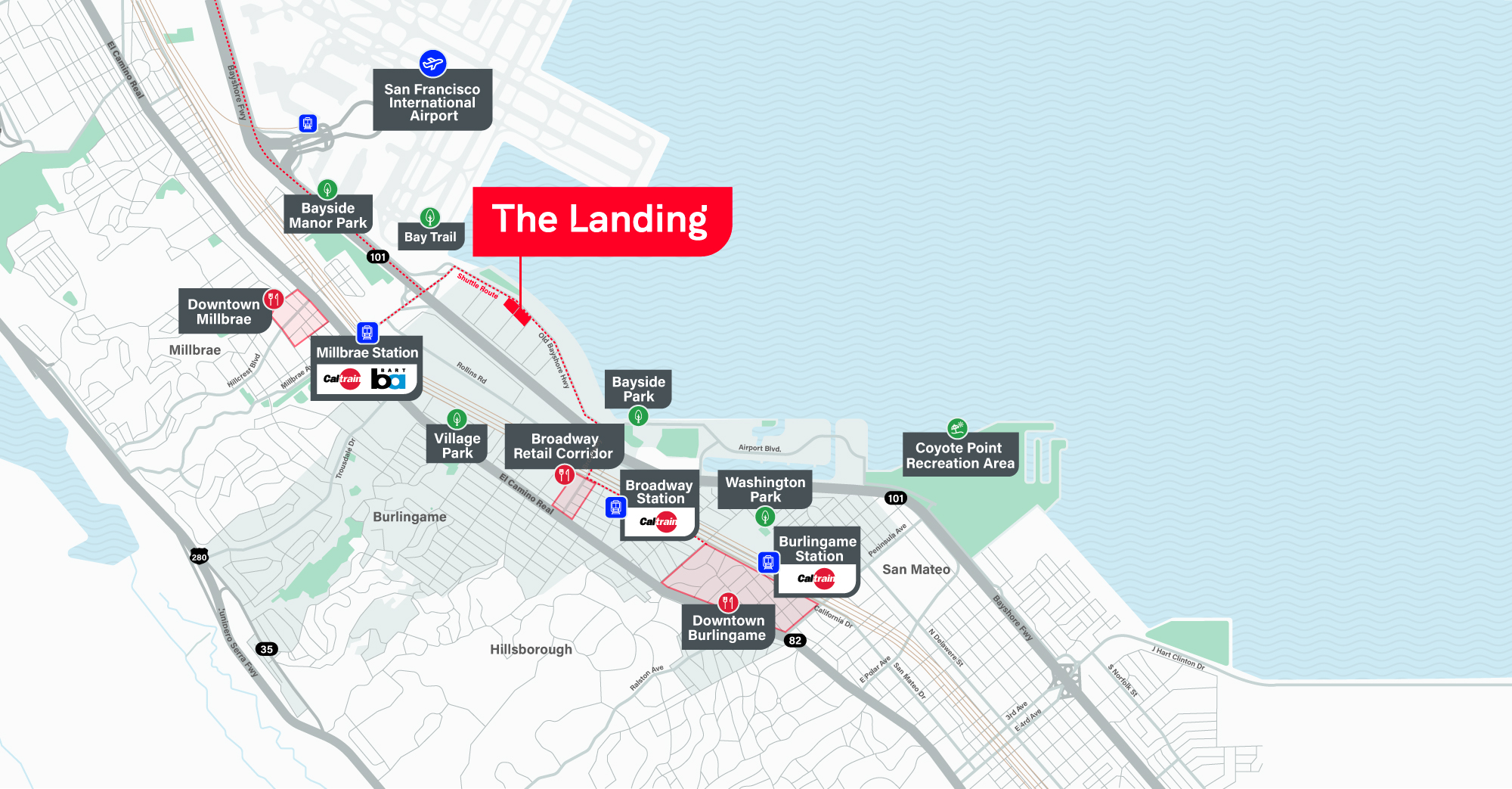 Map showing corporate neighbors of The Landing Burlingame